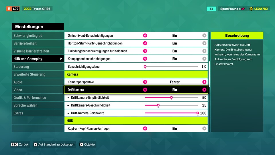 Die Driftkamera findet ihr standradmäßig deaktiviert samt drei Reglern im Menü »HUD und Gameplay«.