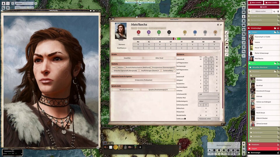 Die interaktiven Charakterbögen erleichtern die Übersicht. Und ja, die Schamanin hier ist gerade so dem Tod von der Klinge gesprungen.