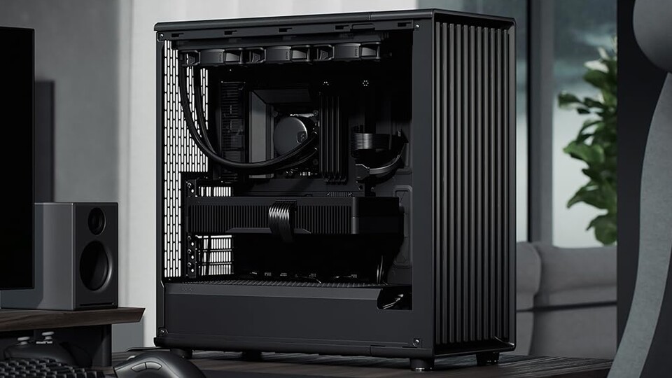 Edle Details: Die Kombination aus dunklem Metall und geschwärztem Eichenholz unterstreicht die hochwertige Verarbeitung des Fractal Design North XL Momentum Black.