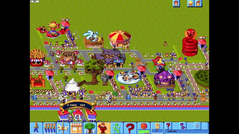 Mit Theme Park (1994) begründet Molyneux das Genre der Freizeitpark-Simulatoren. Sein Weg zum kommerziellen Erfolg: Eine anspruchsvolle Wirtschaftssimulation in hübsche Grafiken zu kleiden.