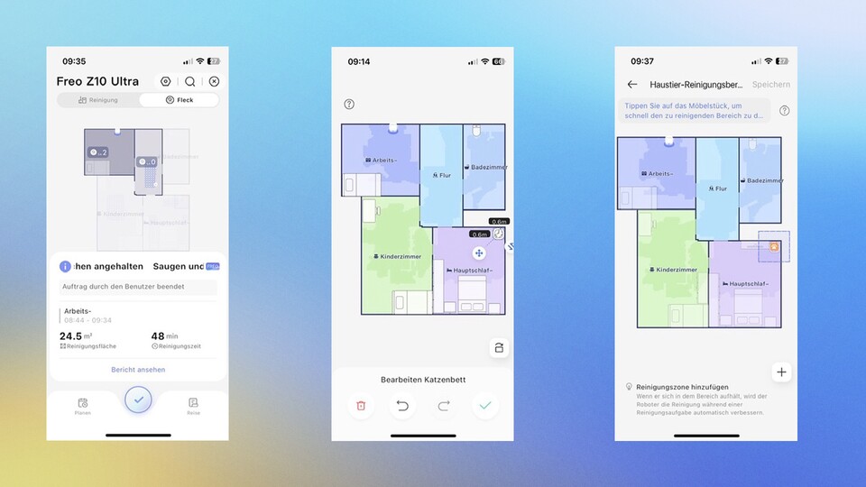 Karten sind schnell erstellt und bearbeitet. Auch Möbel lassen sich festlegen. Hier richte ich ein Katzenkörbchen ein und deklariere es als Haustierzone – das erhöht die Reinigungskraft.