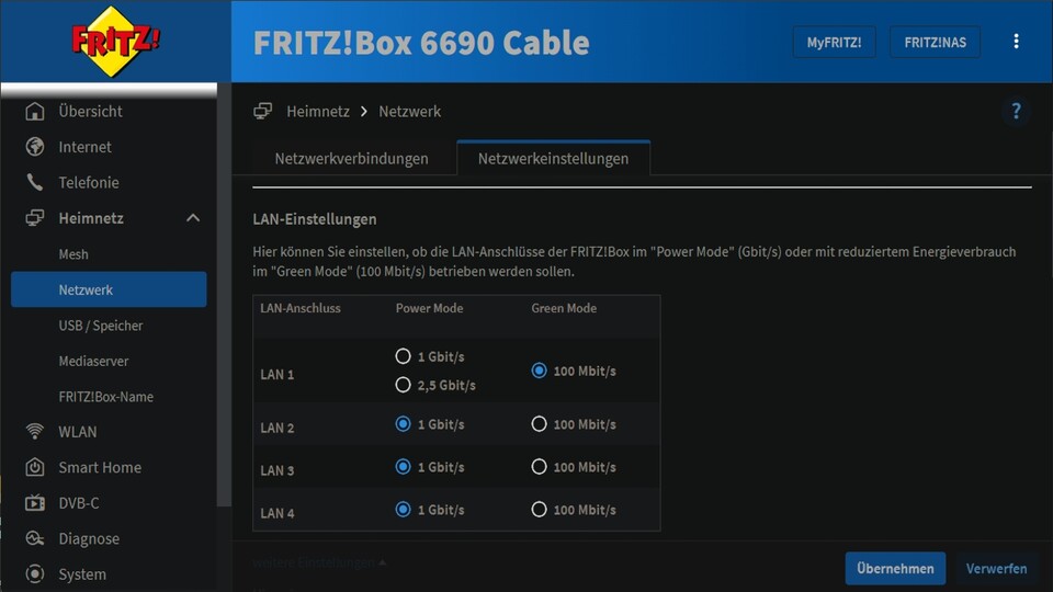 Bei gebrauchten Fritzbox-Modellen kann es sein, dass der Green Mode eingestellt ist. Dann ist die Bandbreite auf 100 Mbits begrenzt.