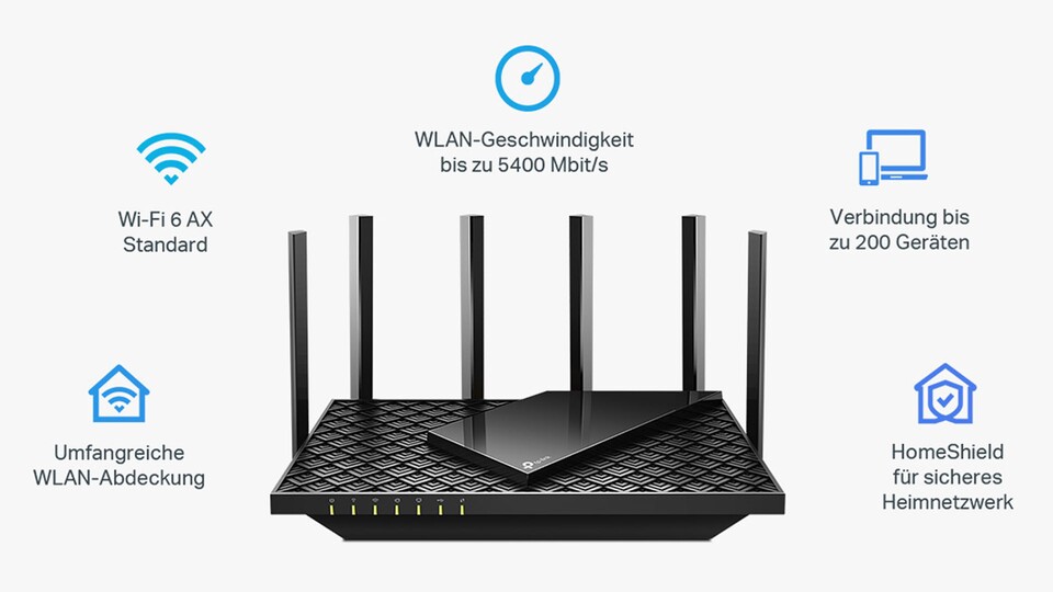 Highspeed-Downloads gehen mit WiFi 6 auch über WLAN problemlos und stabil. Außerdem bietet TP-Link guten Schutz und Integration ins Smart Home-System.