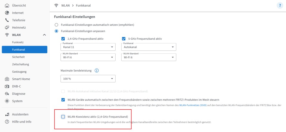 Diese Option müsst ihr bei einer Fritzbox auswählen, damit im 2,4-GHz-Netz eine Kanalbreite von 20 MHz genutzt wird.