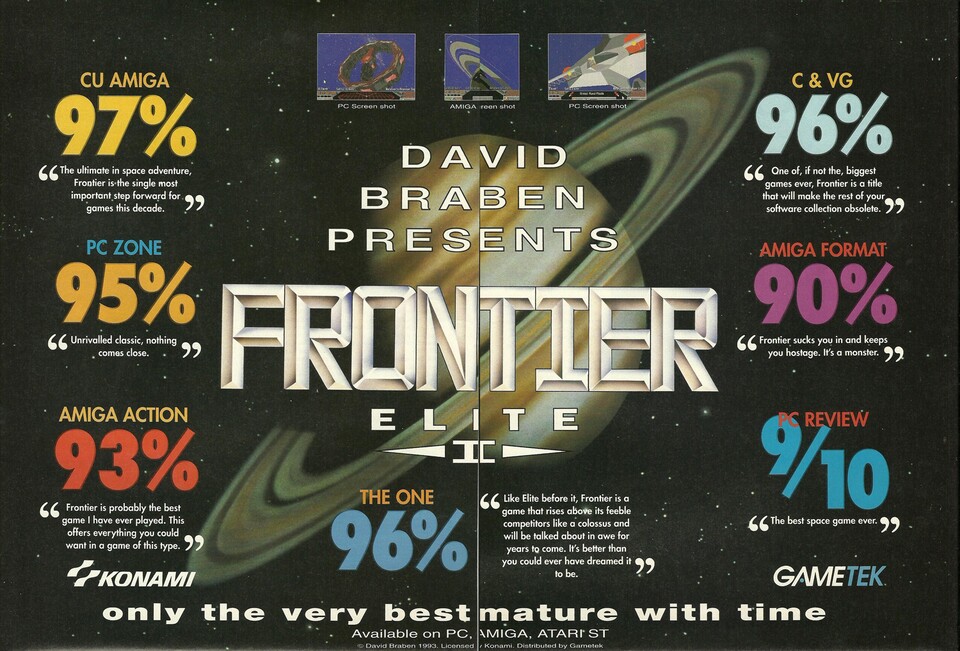 Es gibt Leute, die Frontier: Elite 2 richtig gut finden. Ein doppelseitiges Anzeigenmotiv ist mit Wertungen und Zitaten aus britischen Magazinen gespickt.