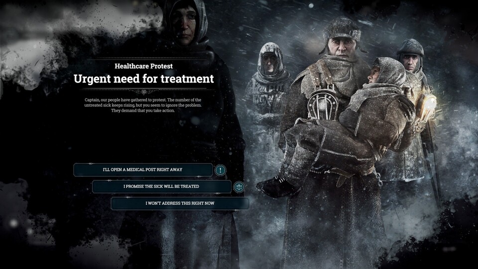 Frostpunk stellt euch immer wieder vor knifflige Entscheidungen. Was also tun, wenn die Bevölkerung mehr Gesundheitsfürsorge fordert, aber die Ressourcen knapp sind?