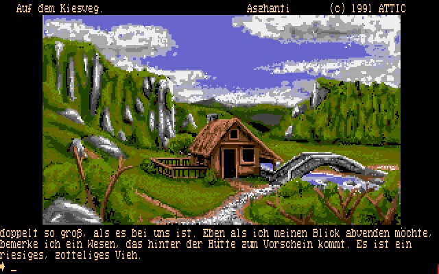 Drachen von Laas erschein 1991 und mischte Rollenspielelemente in die Text-Adventure-Formel. Ein paar Bilder wie hier veranschaulichen das Geschehen (Quelle: openretro.org)