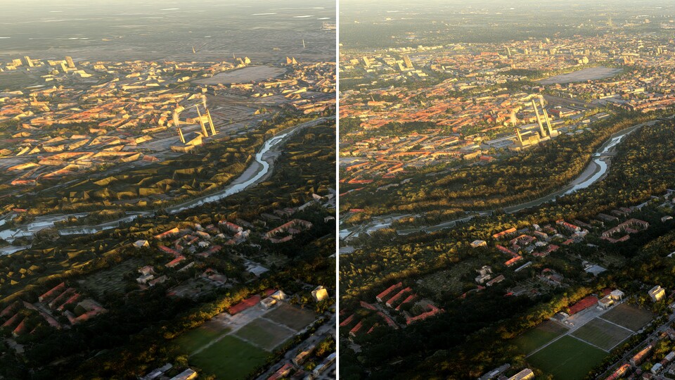 Stellt man die Option wie links zu sehen auf das Minimum von 10, bleiben von München in dieser Vergrößerung nur noch merkwürdige Formen übrig, die man kaum als Stadt erkennen kann. Rechts steht die per Schieberegler in 5er-Schritten anpassbare Einstellung auf 200.