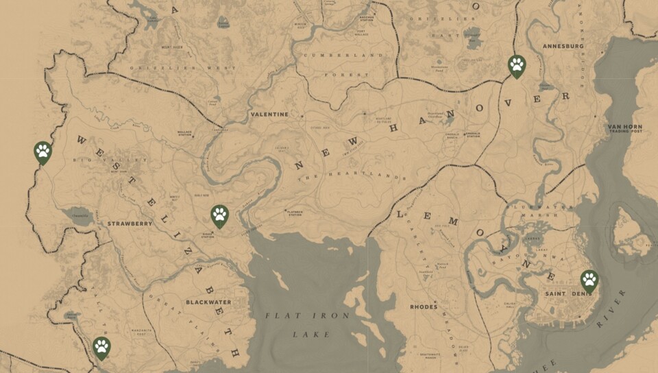 Auf der Karte sind alle Fundorte der Trapper markiert. Die Karte wurde mithilfe der Seite rdr2map.com erstellt.