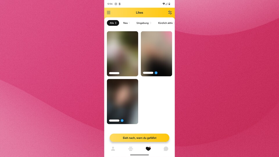 Wie bei vielen Dating-Apps sieht man, ohne Geld zu zahlen, nur ein verschwommenes Profilbild. Oftmals lässt sich trotzdem erkennen, um wen es sich handelt, wenn man dann beim Swipen auf die Person stößt. Praktisch.