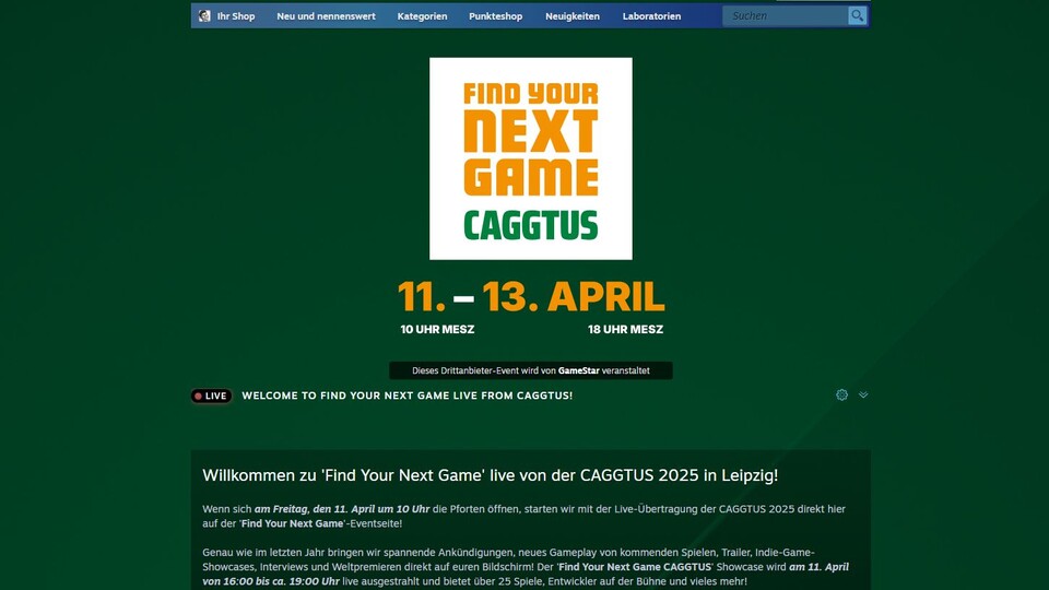 Ein kleiner Sneakpeek auf unsere Steam-Seite zu FYNG. Natürlich noch ohne Spiele, die verraten wir erst kurz vor der Show am 10. April – bis auf die Weltpremieren natürlich.