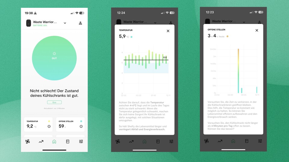 Einblicke in die App: Dashboard, Temperatur- und Öffnungsdauer-Graphen.