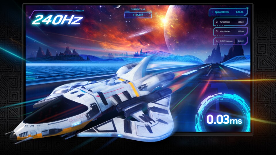 Durch die Bildwiederholungsrate von 240 Hz und die Reaktionszeit von 0,03 ms spielt der Gaming-Monitor auch ansonsten in der High-End-Klasse mit.
