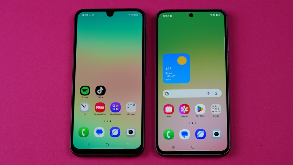 Galaxy A26 vs. Galaxy A56: Das teurere Modell hat ein deutlich schmaleres Kinn. Zudem setzt Samsung hier auf Punch Hole statt Teardrop. (Bild: GameStar Tech)