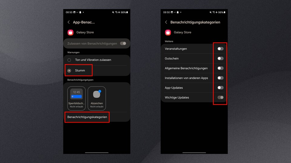 Bevor die vorherige Option nicht aktiviert ist, wird der Punkt »Benachrichtigungskategorien« in den App-Informationen nicht angezeigt.