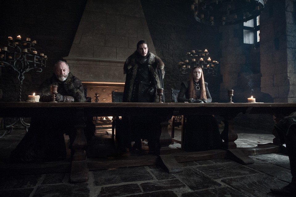 Jon Snow mit Sansa Stark und Davos Seewert.