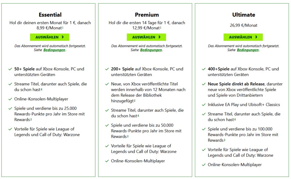 Mit den neuen Abonnements können Sie die Spiele jetzt auf allen unterstützten Geräten nutzen, einschließlich Xbox-Konsolen und PCs. Den PC Game Pass gibt es weiterhin als vierte Option ausschließlich für PC-Spiele.