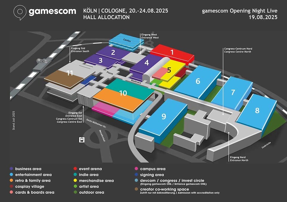 Der aktuelle Hallenplan der gamescom 2025. (Stand: Juli 2025 Bild: Koelnmesse)