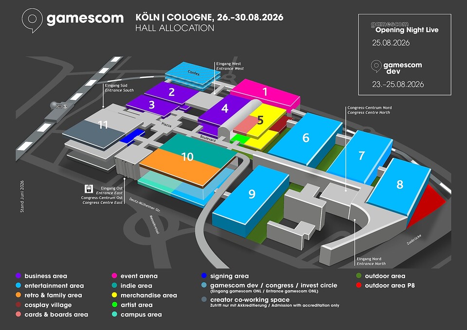 Falls ihr euren Ausflug zur gamescom 2026 schon mal planen wollt, haben wir hier den aktuellen Hallenplan. So wisst ihr genau, in welcher Halle ihr die Spiele der Liste findet.
