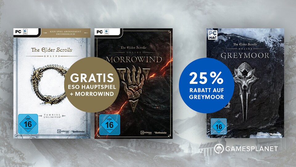 Mit unserer Black Edition erhaltet ihr außerdem das ESO-Hauptspiel und die Morrowind-Erweiterung im Wert von 19,99€ sowie 25% Rabatt auf Greymoor beim Kauf über Gamesplanet im Gegenwert von 10€ (dann 29,99€ statt 39,99€), alles für PCMac.