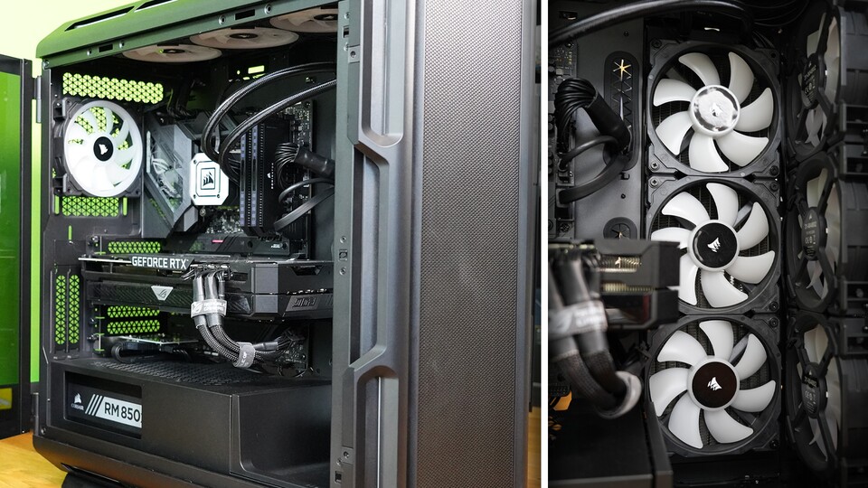 Hier seht ihr das aufgeräumte Innenleben des GameStar PC iCUE Elite X mit dem Corsair iCUE 5000T Gehäuse und allen Lüftern.