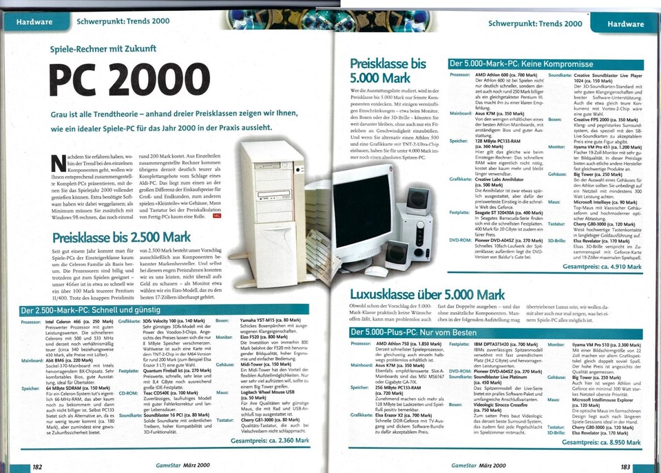 Auf dieser Doppelseite stand, wofür im Frühjahr des Jahres 2000 das Sparguthaben verprasst wurde: PCs in Preisklassen von 2.500 bis 8.900 Mark. Servicetipp für alle, die damals schon alt genug für PCs waren: Die relevanten Komponenten findet ihr auch besser lesbar und ausgeschrieben im Artikel.