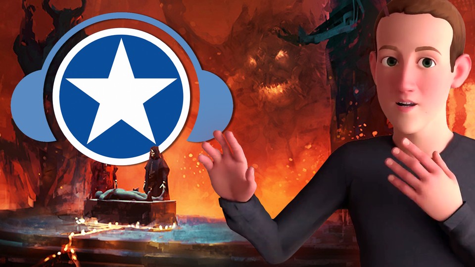 Goldene Zukunft oder Horrorvision: Mark Zuckerbergs Metaverse-Avatar vor einer höllischen Konzeptzeichnung zu Diablo 4.