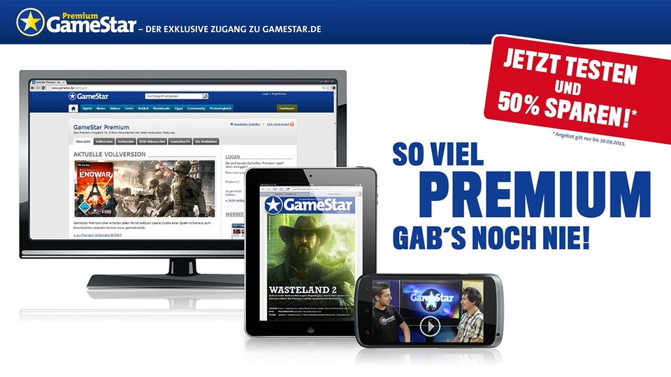 Das neue GameStar.de Premium gibt es für kurze Zeit zwei Monate lang zum Preis von einem. Dazu gehören unser komplettes Archiv, Werbefreiheit auf GameStar.de und eine monatliche Vollversion.