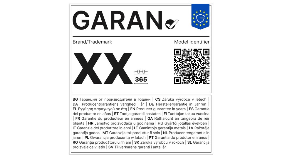 Auch das Garan-Label informiert in allen EU-Sprachen mit einem strikten Design. Gedruckt darf es nicht kleiner als 95 x 100 mm sein. (Bildquelle: Europa.eu)