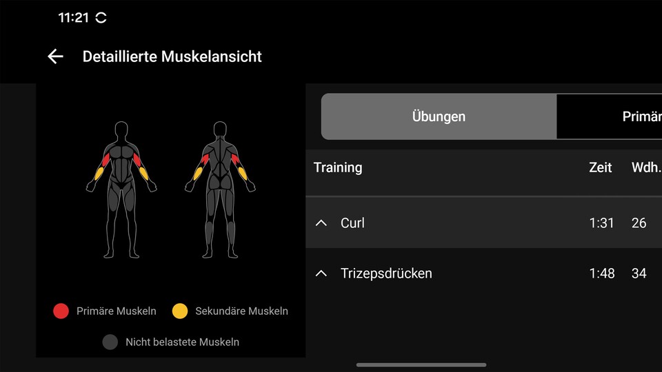 Nach dem Krafttraining zeigt euch die Smartwatch, welche Muskelgruppen beansprucht wurden.