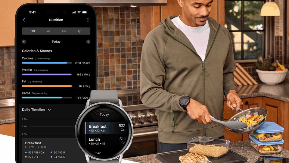 Die Daten zur Ernährung können auf dem Smartphone und der Smartwatch eingesehen werden. (Bild: Garmin)