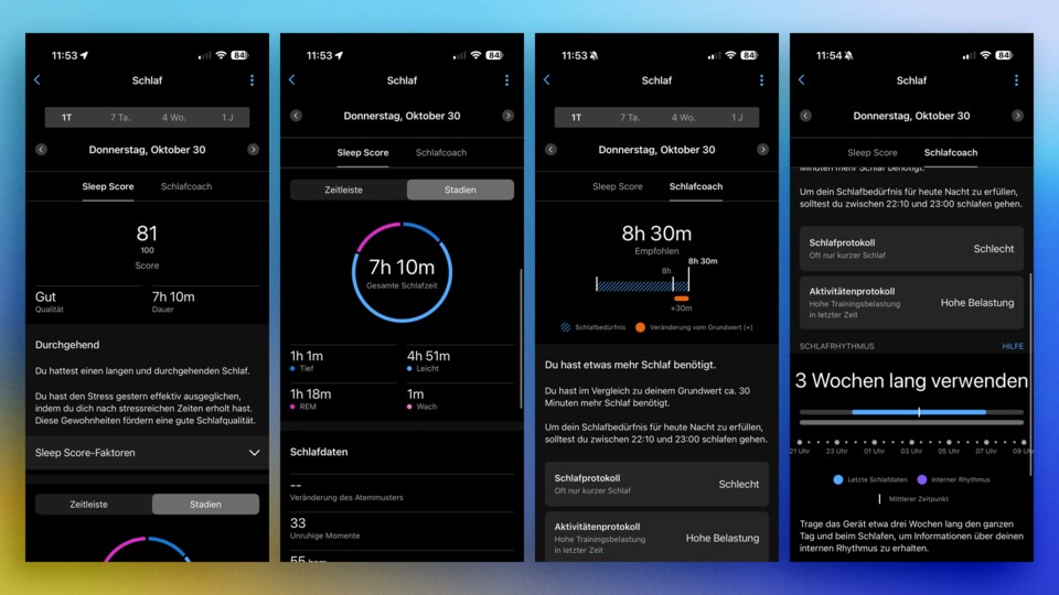 Neben der Aufbereitung der Schlafwerte bietet die App einen Schlafcoach, dessen Empfehlungen mit Vorsicht zu genießen sind. Eine Schlafdauer von 8,5 Stunden erscheint mir (für meinen Körper) zu lang. In der Regel bin ich mit sieben bis siebenundeinhalb Stunden absolut ausgeruht.