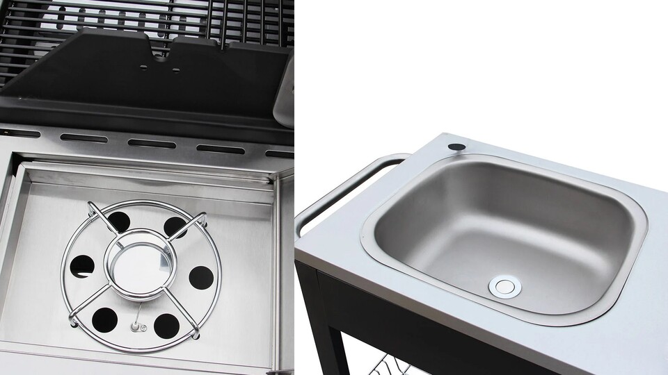 Dank der Kochplatte und dem Waschbecken müsst ihr nicht ständig nach drinnen laufen - fehlt eigentlich nur noch der Outdoor-Kühlschrank, oder?