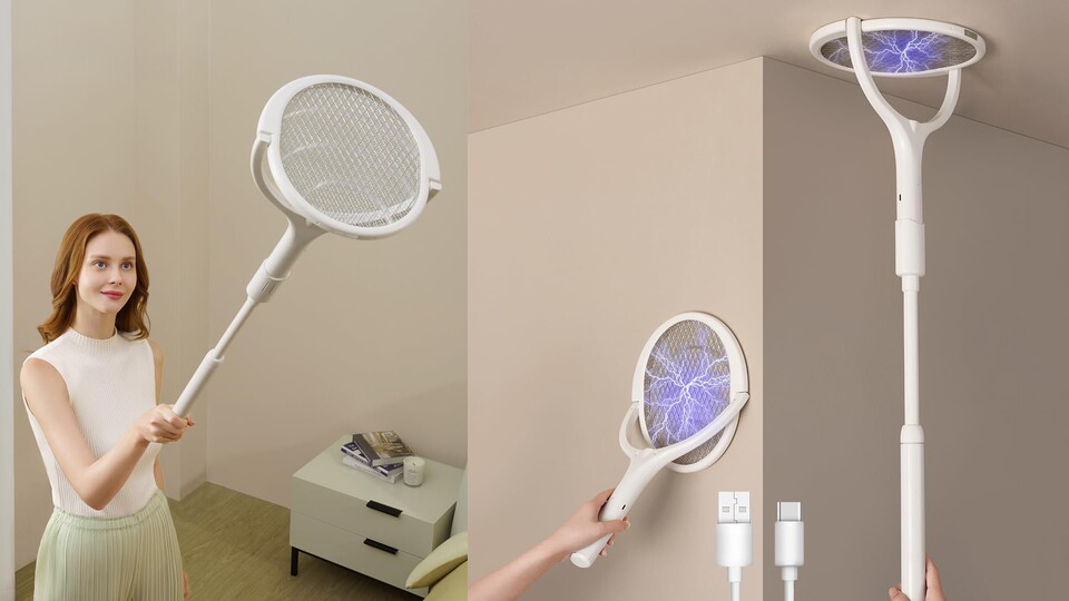 Elektrische Fliegenklatschen gibt es in jedem Supermarkt, aber die wenigsten haben Teleskoparm und einen rotierenden Kopf!