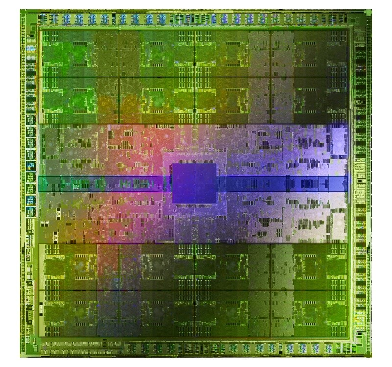 Oben und unten liegen die 512 Shader des GF100-Chip, in der Mitte die Cache-Speicher.