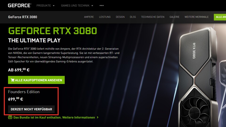 Die RTX 3080 Founders Edition von Nvidia selbst ist derzeit nicht über den Shop bestellbar.