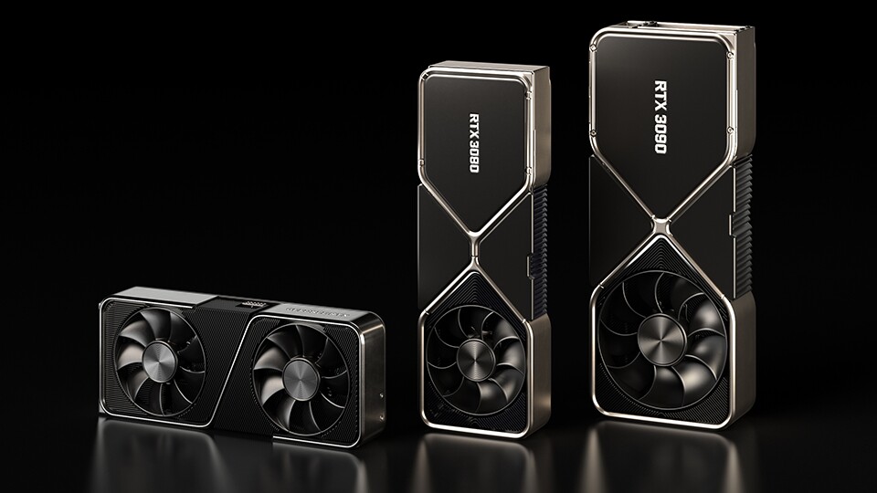 Links ist die Founders Edition der RTX 3070 zu sehen, in der Mitte die der RTX 3080 und rechts die der RTX 3090.