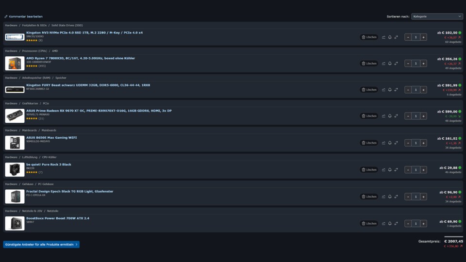Aktuell zahlt ihr deutlich mehr, wenn ihr selber Hand anlegt! (Quelle: Geizhals.de vom 22.12.25, ca. 11:26 Uhr)