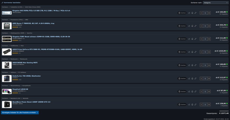 Quelle Geizhals.de stand 02.07. 16:22 Uhr: Wasserkühlung und Gehäuse sind mangels Listung durch vergleichbare Komponenten ersetzt. Der Gesamtpreis enthält keine möglichen Versandkosten.