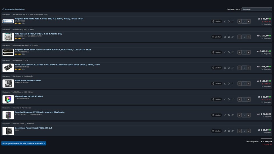 Quelle: Geizhals.de 11.12.2025 ca. 13:15 Uhr Preise ohne Versandkosten. Mangels Listung wurde ein vergleichbares Case gewählt.