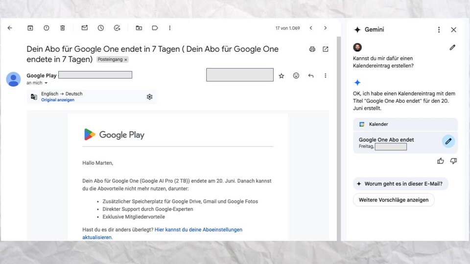Klappt nicht immer, aber oft: Hier habe ich Gemini gebeten, mir aus einer normalen Email