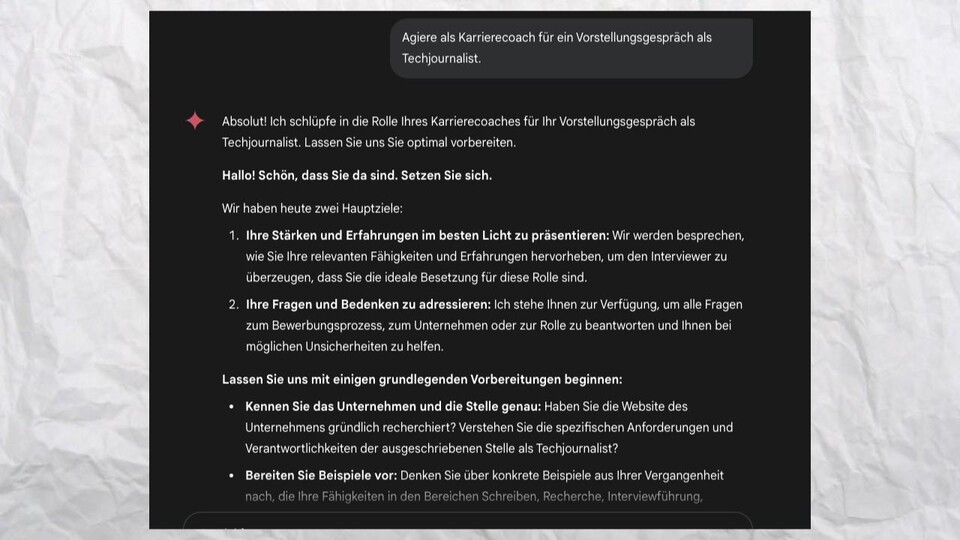 Google Gemini: Der Chatbot bemüht sich um eine professionelle Atmosphäre, aber will eher den Input von mir.