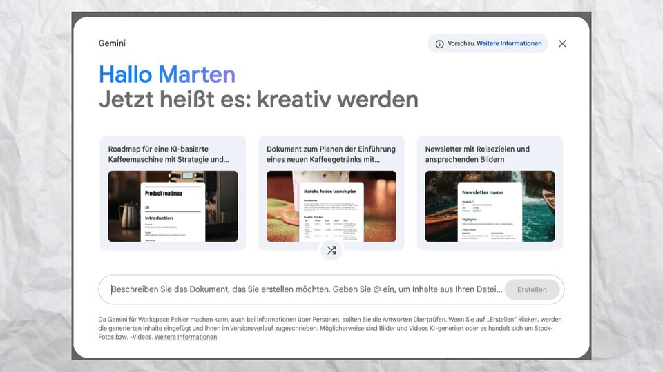 Docs und Gemini schlagen euch kreative Vorlagen vor. Durch kreative Prompts könnt ihr diese entsprechend anpassen.