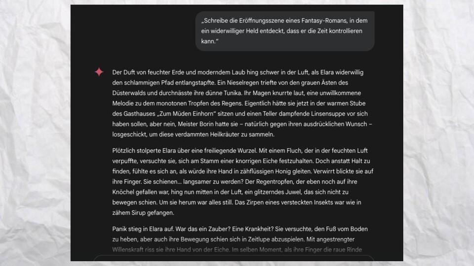 Google Gemini: Der Fantasy-Text ist deutlich detaillierter mit mehr rhetorischer Vielfalt.
