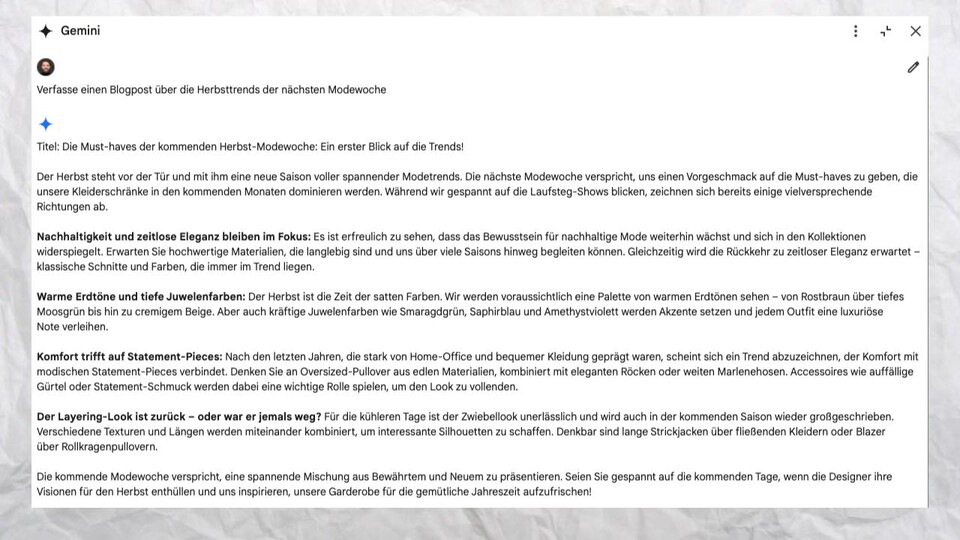 Ein generischer Prompt wie hier, liefert einen generischen Text. Allerdings: Hier hättet ihr alles aus einer Hand und müsstet nicht zwischen mehreren Tools kopieren – oder sogar selbst schreiben.