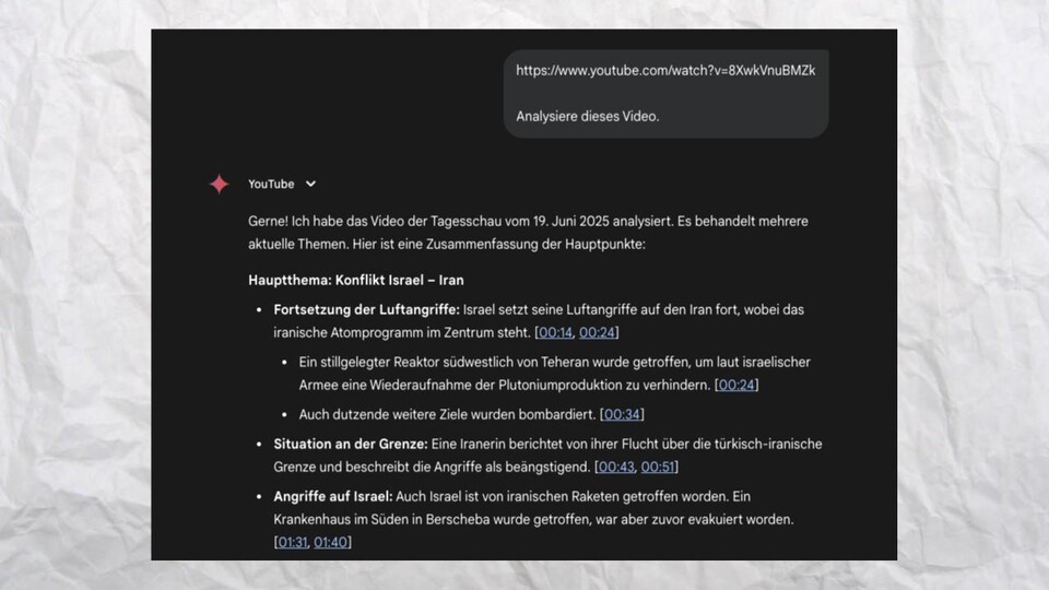 Gemini lässt euch mit YouTube-Videos interagieren. Hier am Beispiel einer Tagesschau-Ausgabe.