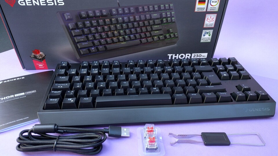 Die Thor 230 TKL kommt mit einem Switch Puller, zwei extra Schaltern und einem USB-A-auf-USB-C-Kabel. (Bildquelle: Nele WobkerGameStar Tech)