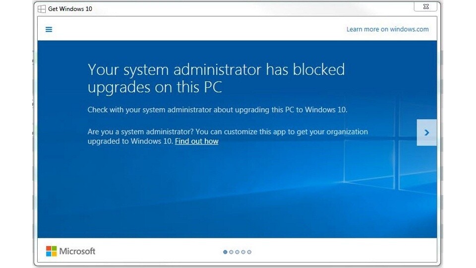 Die »Get Windows 10«-App verärgert mit dieser Meldung nun auch Administratoren in Unternehmen.