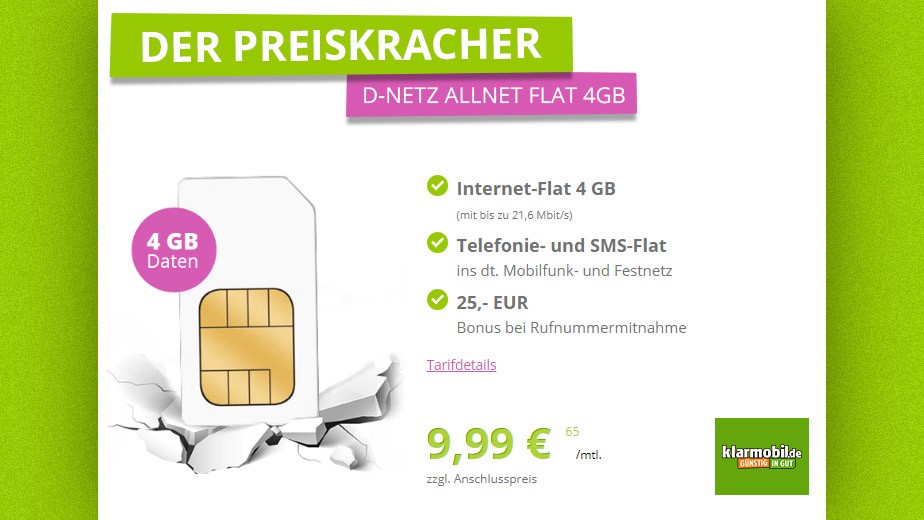 Allnet-Flatrate mit 4GB im D-Netz für 9,99 € auf gethandy.net