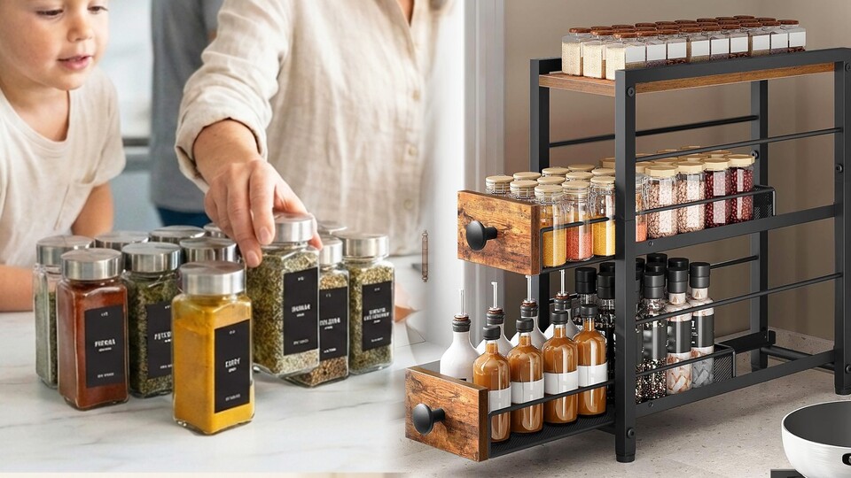 Beschriftete Gewürzgläser im praktischen Regal: Klingt teuer, ist es aber nicht.